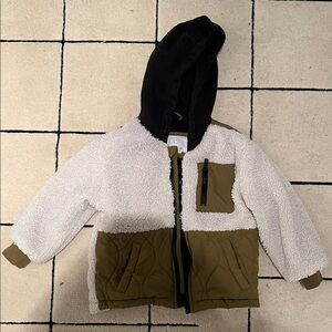 Zara Kids Sherpa Jacket with Hood - White Black and Olive